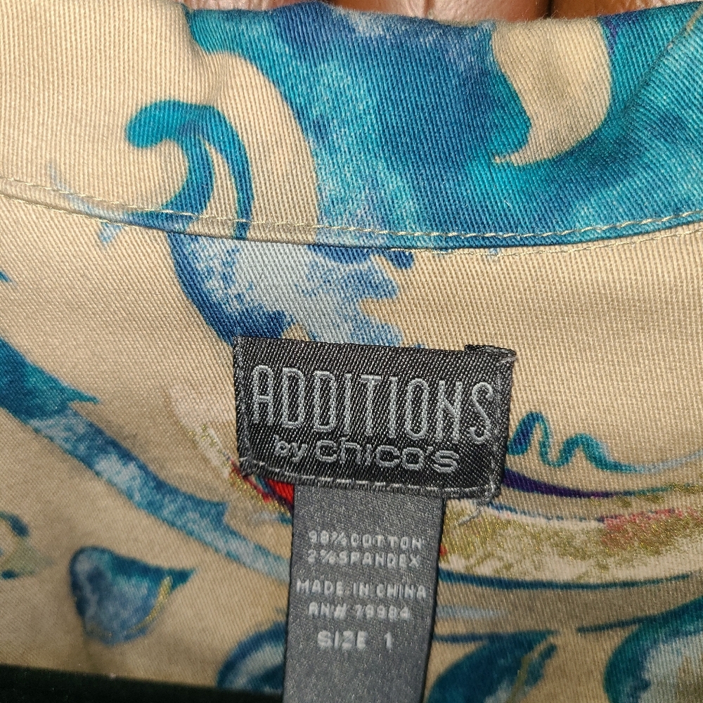 Chico's Floral Paisley Tan Blues Multi color cotton blend Women's Jacket‎ M - Picture 6 of 10